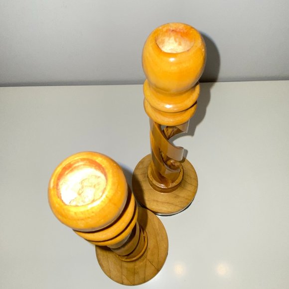 Olive Wood Pair of Candle Holders Twisted Hallow Hand Carved Spiral - Picture 5 of 6
